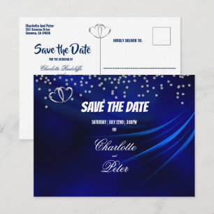 Royal Blue Diamonds & Hearts Save the Date Card Ankündigungspostkarte