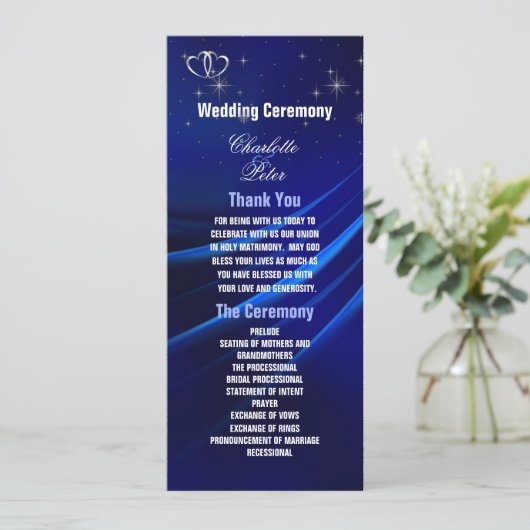 Royal Blue Diamonds/Hearts Wedding Program Card Einladung (Stehend Vorderseite)