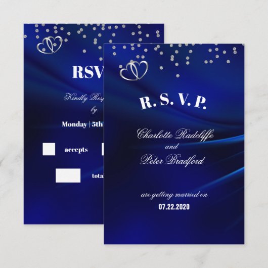 Royal Blue Diamonds & Hearts Wedding RSVP Card Karte (Vorne/Hinten)