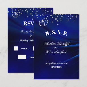 Royal Blue Diamonds & Hearts Wedding RSVP Card Karte