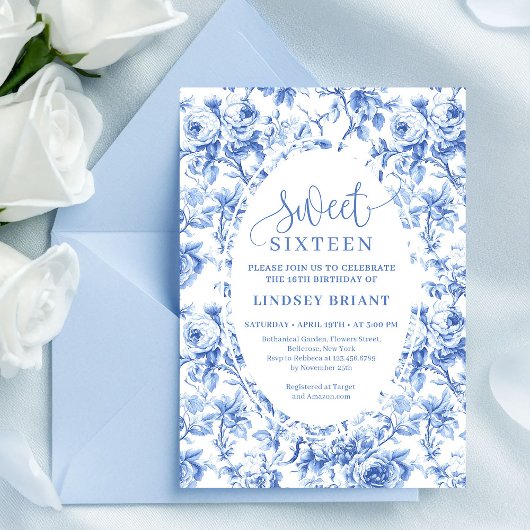 Royal Blue Digital Floral 16th Birthday Invite Einladung