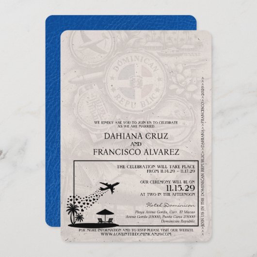 Royal Blue Dominikanische Republik Passport Weddin Einladung (Vorne/Hinten)