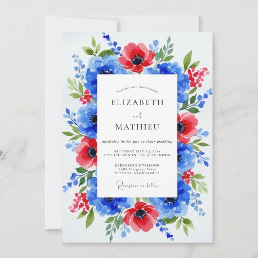Royal Blue Dramatic Botanical Wedding Einladung (Vorderseite)