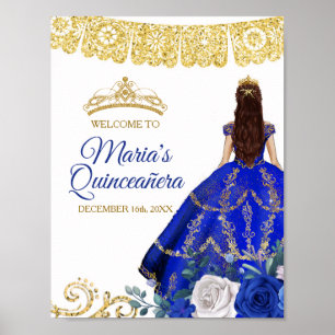 Royal Blue Dress Quinceañera Crown Birthday Poster