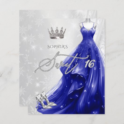 Royal Blue Dress Snowflakes Sweet 16 Einladung (Vorne/Hinten)