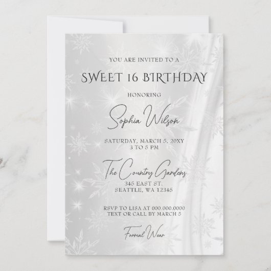 Royal Blue Dress Snowflakes Winter Sweet 16 Einladung (Rückseite)