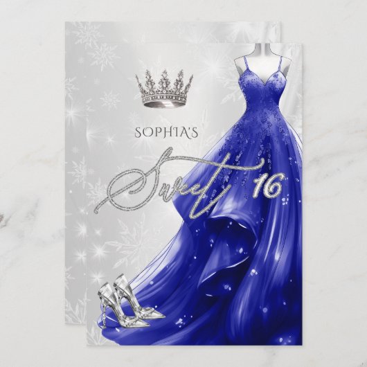 Royal Blue Dress Snowflakes Winter Sweet 16 Einladung (Vorne/Hinten)