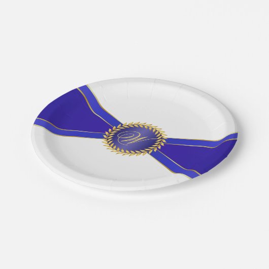 Royal Blue Elegance Monogram Pappteller (Schrägansicht)