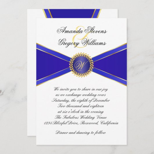 Royal Blue Elegance Monogram Wedding Einladung (Vorne/Hinten)