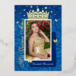 Royal Blue Elegant Foto Quinceñera Gold Folieneinladung
