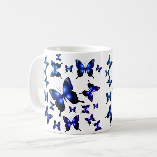 Royal Blue Elegant Whimsical Butterflies Kaffeetasse (Vorderseite Links)