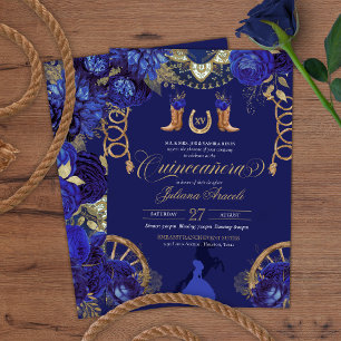 Royal Blue Elegante Rose + Gold Charro Quinceanera Einladung
