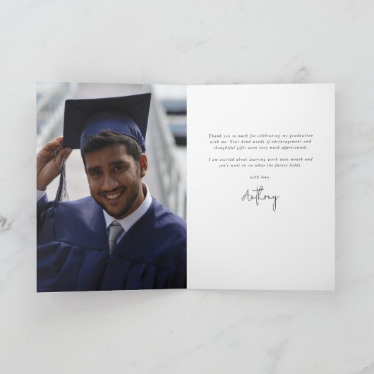 Royal Blue Elegante Script Abschluss Foto+Message Dankeskarte (Innenseite)