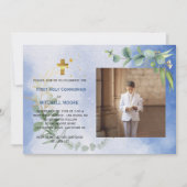 Royal Blue Eucalyptus First Holy Communion Foto Einladung (Vorderseite)