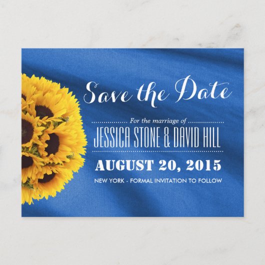 Royal Blue Fabric Sunflores Save the Date Ankündigungspostkarte (Vorderseite)
