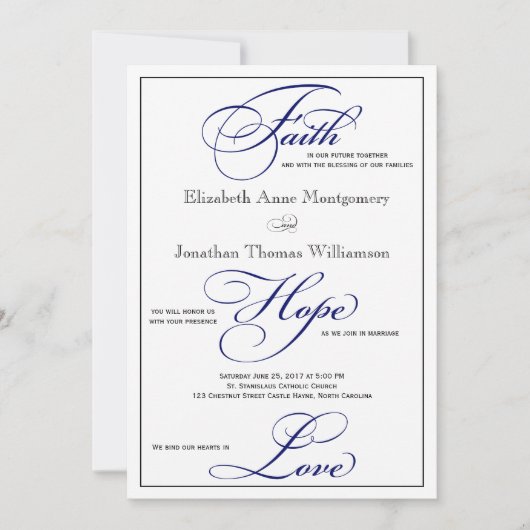 Royal Blue Faith Hope Liebe Hochzeit Einladung (Vorderseite)