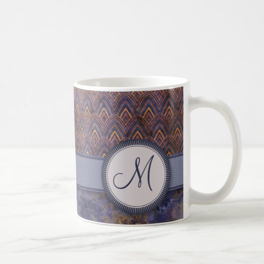 Royal Blue Feather Pattern mit Monogram Kaffeetasse (Rechts)