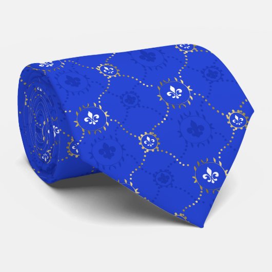 Royal Blue Fleur de Lis, French Lili pattern Krawatte (Gerollt)