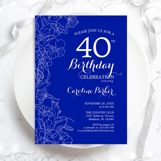 Royal Blue Floral 40. Geburtstag Party Einladung