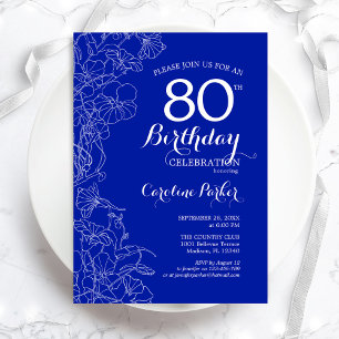 Royal Blue Floral 80. Geburtstagsparty Einladung