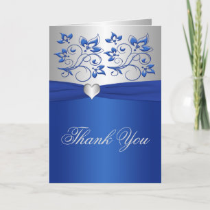 Royal Blue Floral and Silver Heart Dankeschön Kart Dankeskarte