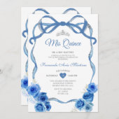 Royal Blue Floral Bow Ribbon Silver Mis Quince Einladung (Vorne/Hinten)