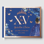 Royal Blue Floral Brown Girl Quinceañera Rose Gold Gästebuch (Vorderseite)