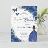 Royal Blue Floral Brown Princess Sweet 16 Geburtst Einladung (Stehend Vorderseite)