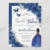 Royal Blue Floral Brown Princess Sweet 16 Geburtst Einladung (Vorne/Hinten)