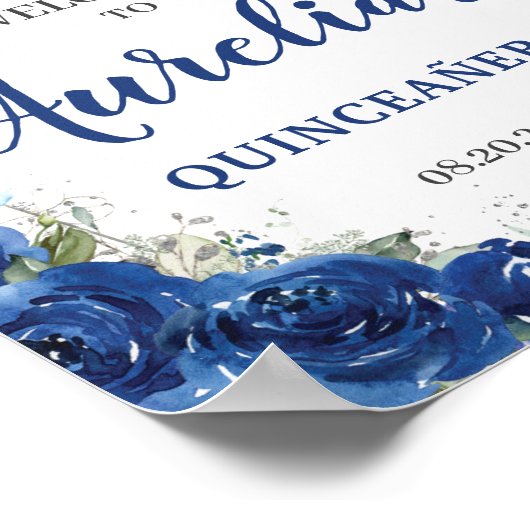 Royal Blue Floral Butterfells Quinceañera Willkomm Poster (Ecke)