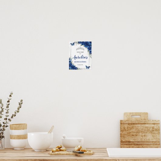 Royal Blue Floral Butterfells Quinceañera Willkomm Poster (Küche)