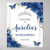 Royal Blue Floral Butterfells Quinceañera Willkomm Poster (Vorne)