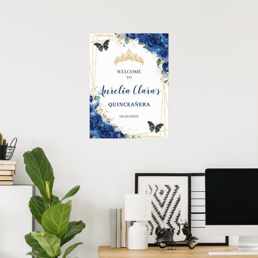 Royal Blue Floral Butterfells Quinceanera Willkomm Poster (Heimbüro)