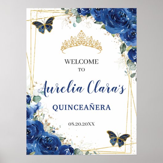 Royal Blue Floral Butterfells Quinceanera Willkomm Poster (Vorne)