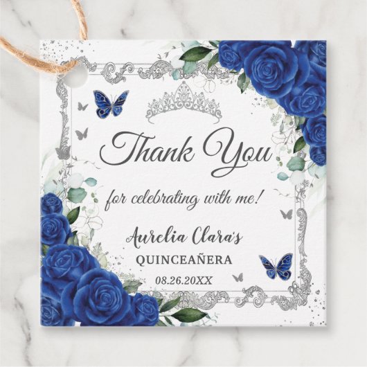 Royal Blue Floral Butterfells Silver Quinceañera Geschenkanhänger (Vorderseite)