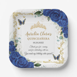 Royal Blue Floral Butterflies Gold Quinceñera 16 Pappteller