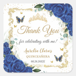 Royal Blue Floral Butterflies Gold Quinceñera 16 Quadratischer Aufkleber