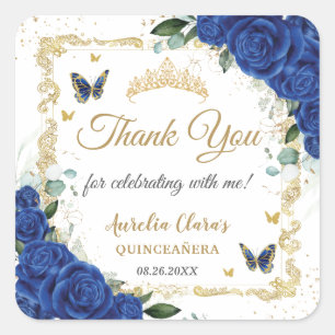 Royal Blue Floral Butterflies Gold Quinceñera 16 Quadratischer Aufkleber