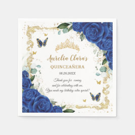 Royal Blue Floral Butterflies Gold Quinceñera 16 Serviette