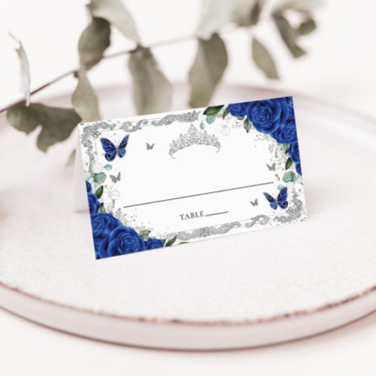 Royal Blue Floral Butterflies Quinceañera Sweet 16 Platzkarte