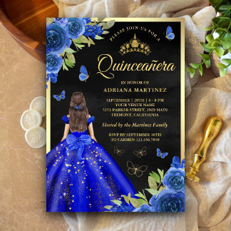 Royal Blue Floral Butterfly Black Gold Quinceanera Einladung