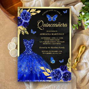 Royal Blue Floral Butterfly Black Gold Quinceanera Einladung