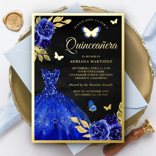 Royal Blue Floral Butterfly Black Quinceanera Gold Folieneinladung