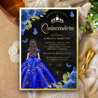 Royal Blue Floral Butterfly Black Quinceanera Gold Folieneinladung
