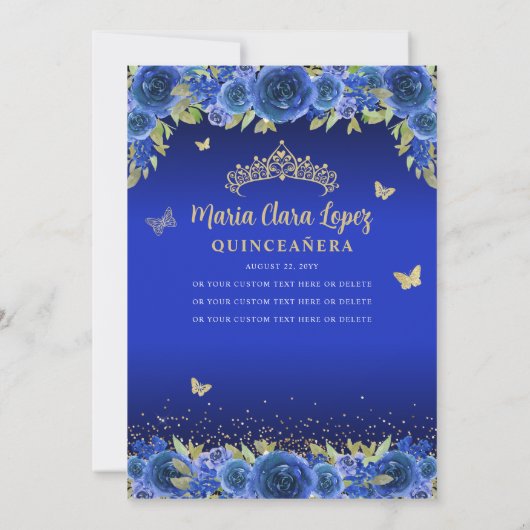 Royal Blue Floral Butterfly Princess Quinceanera Einladung (Rückseite)