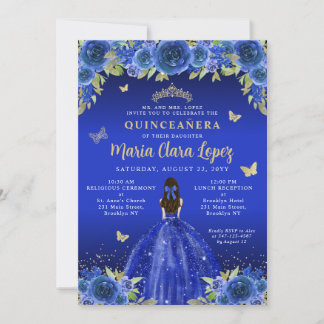 Royal Blue Floral Butterfly Princess Quinceanera Einladung