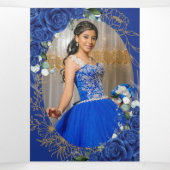 Royal Blue Floral Butterfly Quinceñera 15 Fotos Dreifach Gefaltete Einladung (Innenseite Mitte)