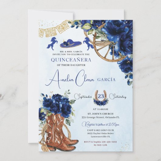 Royal Blue Floral Charro Cowgirl Quinceanera XV 15 Einladung (Vorderseite)