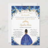 Royal Blue Floral Dama Request Gold Quinceañera XV Einladung (Vorderseite)