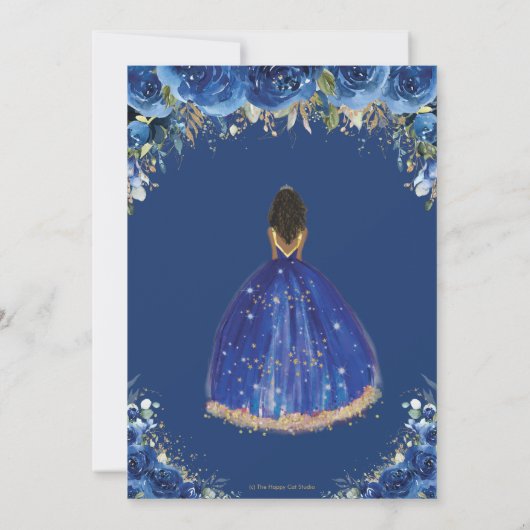 Royal Blue Floral Dama Request Gold Quinceañera XV Einladung (Rückseite)